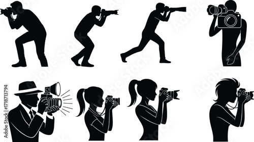 Photographer silhouette with camera, photography vector illustration, people taking pictures, paparazzi concept, photo shooting design, DSLR camera, photography art