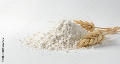 Wheat Flour Pile with Wheat Stalks, Baking Ingredient, Food Photography, Cooking, Texture, Close Up