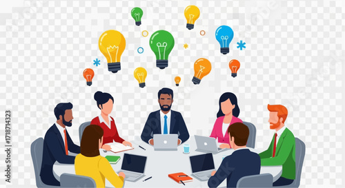Collaborative brainstorming session where a diverse professional team shares innovative ideas and creative solutions during a business meeting