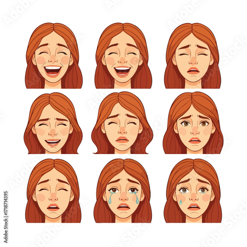 Collection of a young womans facial expressions showing a transition from joyful laughter to deep sadness and crying.