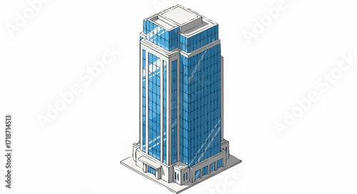 Isometric view of a modern high-rise building with glass facade and structural support