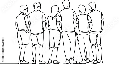 Continuous line drawing, six people standing together, back view, unity concept, friendship bond, teamwork, community support, minimalist art, togetherness illustration, diversity