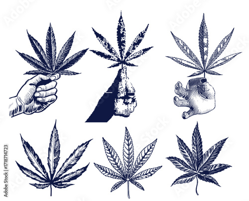 Set of hand drawn cannabis leaves, bong, smoking pipes. Design element