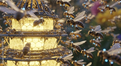 Bees swarm around a glowing lantern, creating a vibrant and busy scene.