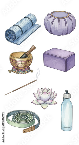 Watercolor yoga elements rolled mat, meditation cushion, singing bowl, lotus flower, water bottle, and more, clip art