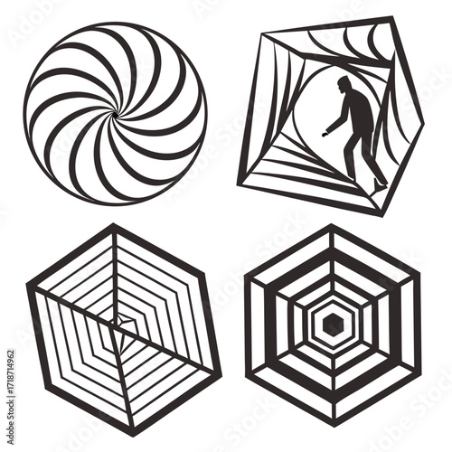 Abstract geometric patterns with a silhouette in a pentagonal frame