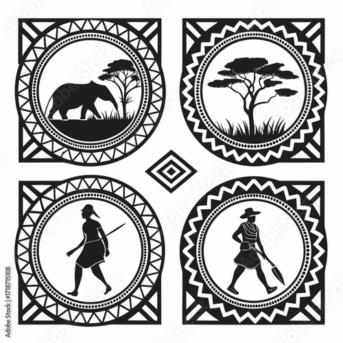 African Tribal Art Silhouettes of Wildlife and People
