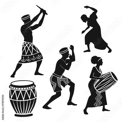 African Tribal Dancers and Musicians Silhouette Set