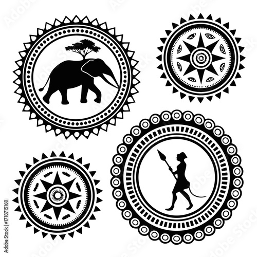 African tribal motifs with elephant and warrior spear