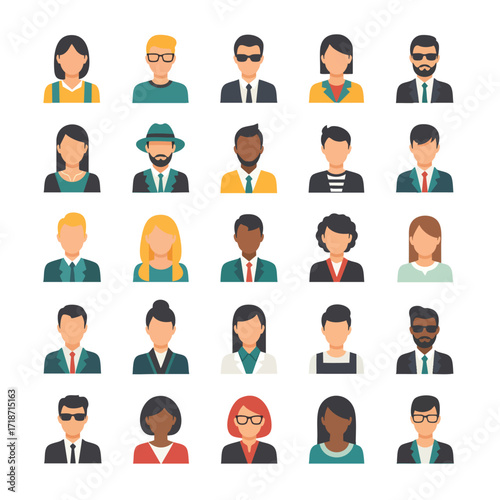 Diverse group of male and female character portraits in a modern flat icon style.