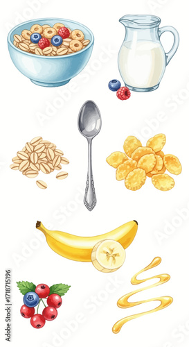 Watercolor breakfast cereal clip art set featuring cereal bowl, milk jug, oats, cornflakes, berries, fruit, and honey