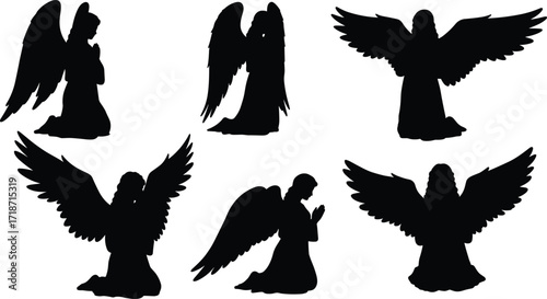 Praying angel silhouette illustration, holy guardian spirit with wings, religious Christian artwork, divine spiritual figure, heavenly worship, peaceful angel design