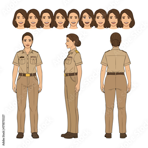 Female character creation set in a tan uniform showing front side and back views with multiple head options.