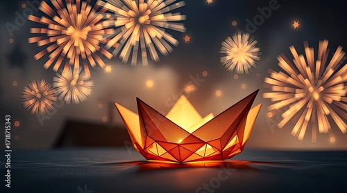 Intricate origami style, ethereal spiritual vibe, night sky with beautiful fireworks, light aura, mystical feeling, folded paper look, geometric precision