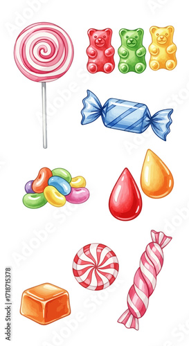 Watercolor candy clip art set lollipop swirl, gummy bears, wrapped candy, jelly beans, hard candy, drops, caramel, mint candy