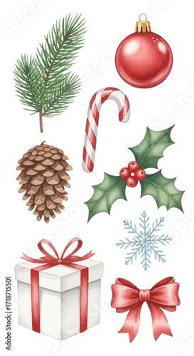 Watercolor Christmas Elements Festive Ornaments, Pine, Gift Box, Candy Cane, Holly, and More for Holiday Design