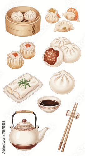 Watercolor clip art set featuring a variety of delicious Asian dishes with a teapot and chopsticks