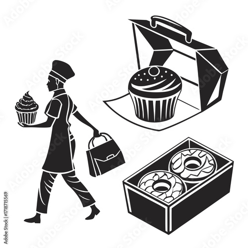 Baker with Cupcake and Sweet Treats in Boxes Keywords: baker, chef, silhouette, uniform, hat