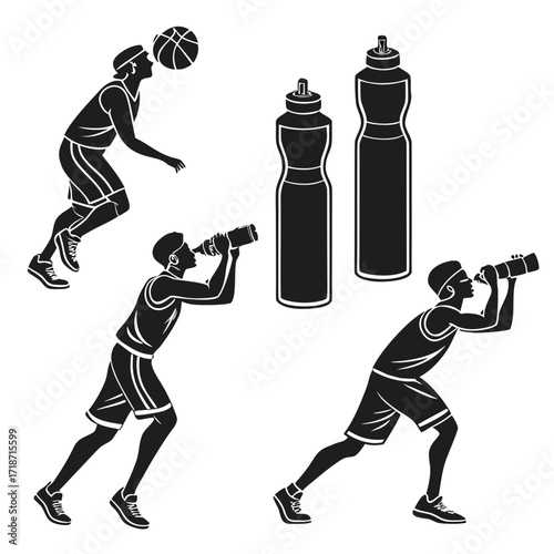 Basketball players and sports bottles in silhouette