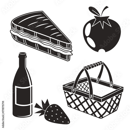 Black and white icons of food and drink items sandwich