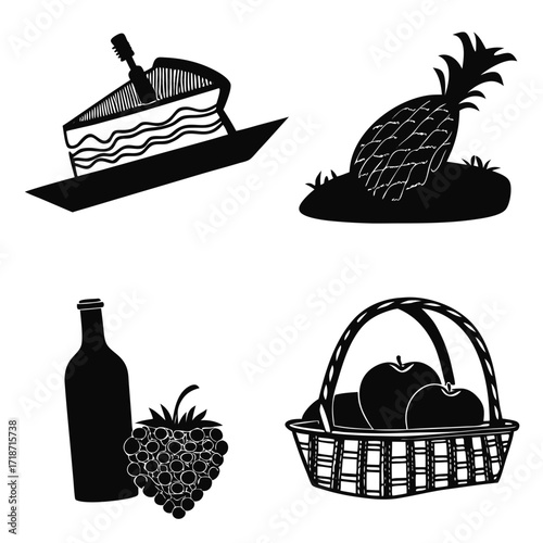 Black and white icons of food and drink items slice of cake