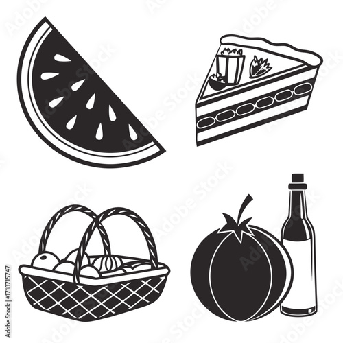 Black and white icons of food and drink items watermelon slice