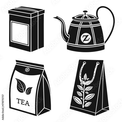 Black and white illustrations of tea packaging and a teapot Keywords: tea, packaging, box, bag