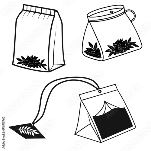 Black and white illustrations of tea bags and loose tea Keywords: tea, tea bag, loose tea