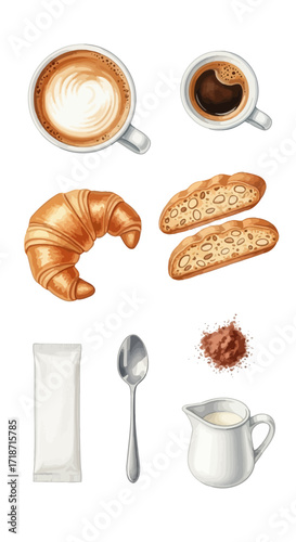 A watercolor illustration set of breakfast elements with coffee, croissant, and biscotti
