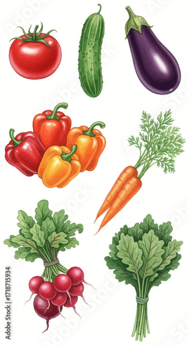 A vibrant collection of seven fresh garden vegetables in a realistic illustration style for design