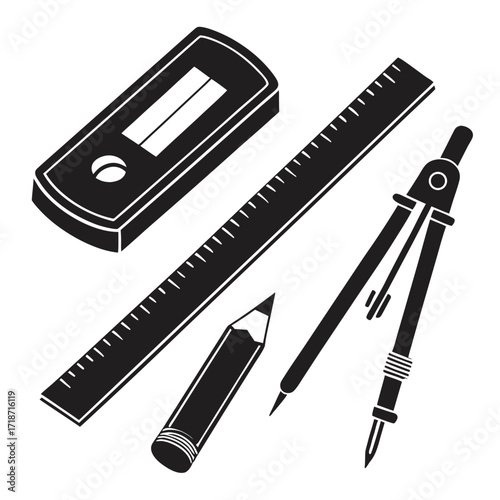 Black Silhouette Drafting Tools With Ruler And Compass Keywords: drafting tools, school supplies