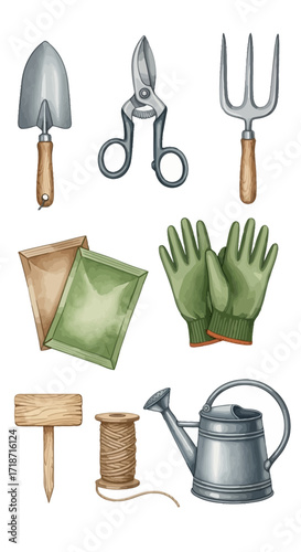 Watercolor set of isolated gardening tools and equipment for hobby planting and cultivation