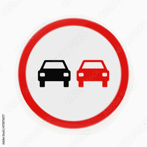 Round red road sign with two black and red car silhouettes, indicating a no overtaking zone.