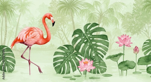 Watercolor Flamingo Lotus Flowers and Tropical Foliage Illustration.