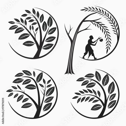 Black Silhouette Icons of Trees and a Person with a Bag