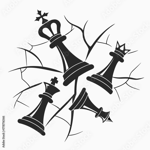 Black silhouette of chess kings breaking through cracks