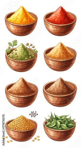 Vibrant Watercolor Illustration Set of Eight Assorted Spices in Rustic Wooden Bowls for Culinary Use