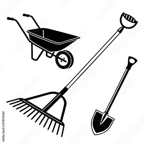 Black silhouette of gardening tools on a white background