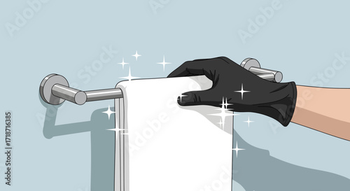 Close-up illustration of a gloved hand placing a clean white towel on a stainless steel bar, minimalist style with a bright, clean aesthetic against a light blue