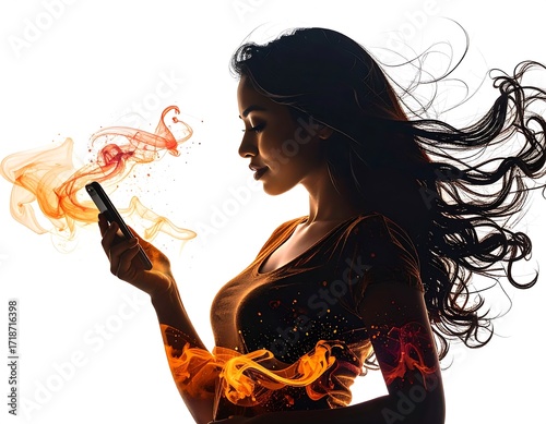 Woman looking at phone with fiery abstract elements