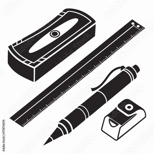 Black Silhouette Stationery Items Including Ruler And Sharpeners Keywords: stationery, school