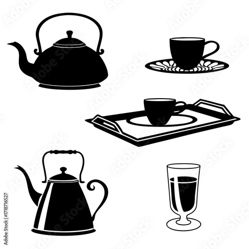 Black Silhouette Set of Teapots Cups and Trays Keywords: teapot, cup, tray, silhouette, black