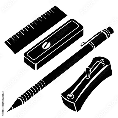 Black Silhouette Stationery Set With Ruler And Sharpeners Keywords: stationery, school supplies