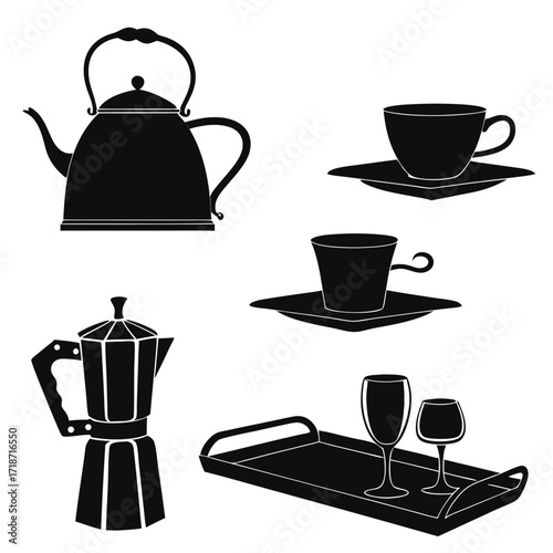 Black Silhouette Teapots Moka Pot Cups and Glasses on Tray