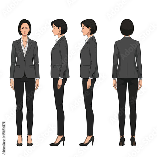 Professional businesswoman in a dark grey pantsuit shown in front side and back view character poses.