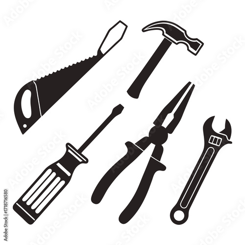 Black Silhouettes Of Hand Tools On White Keywords: tools, hand tools, hammer, screwdriver