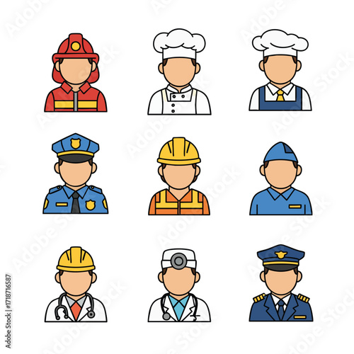 Professional people icons set with firefighter chef police officer and doctor characters.