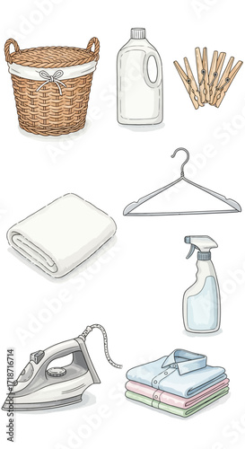 Collection of essential laundry day items in a hand-drawn illustration style, perfect for household chores and cleanliness