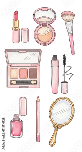 Illustrated collection of feminine makeup and cosmetic essentials in a soft pink color palette