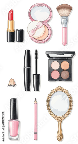 Hand-drawn watercolor clip art set of makeup essentials isolated on a clean white background
